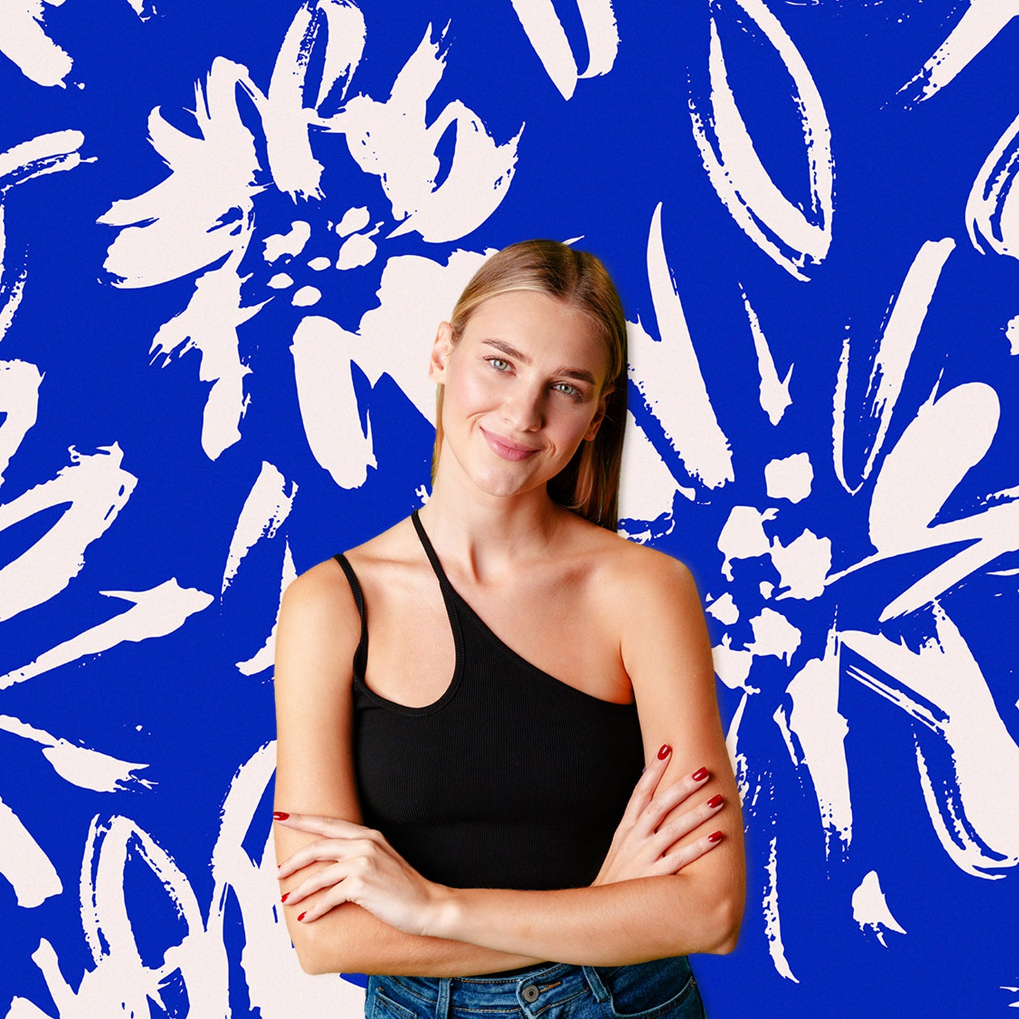 Blue & White Painted Flowers Fabric Backdrop
